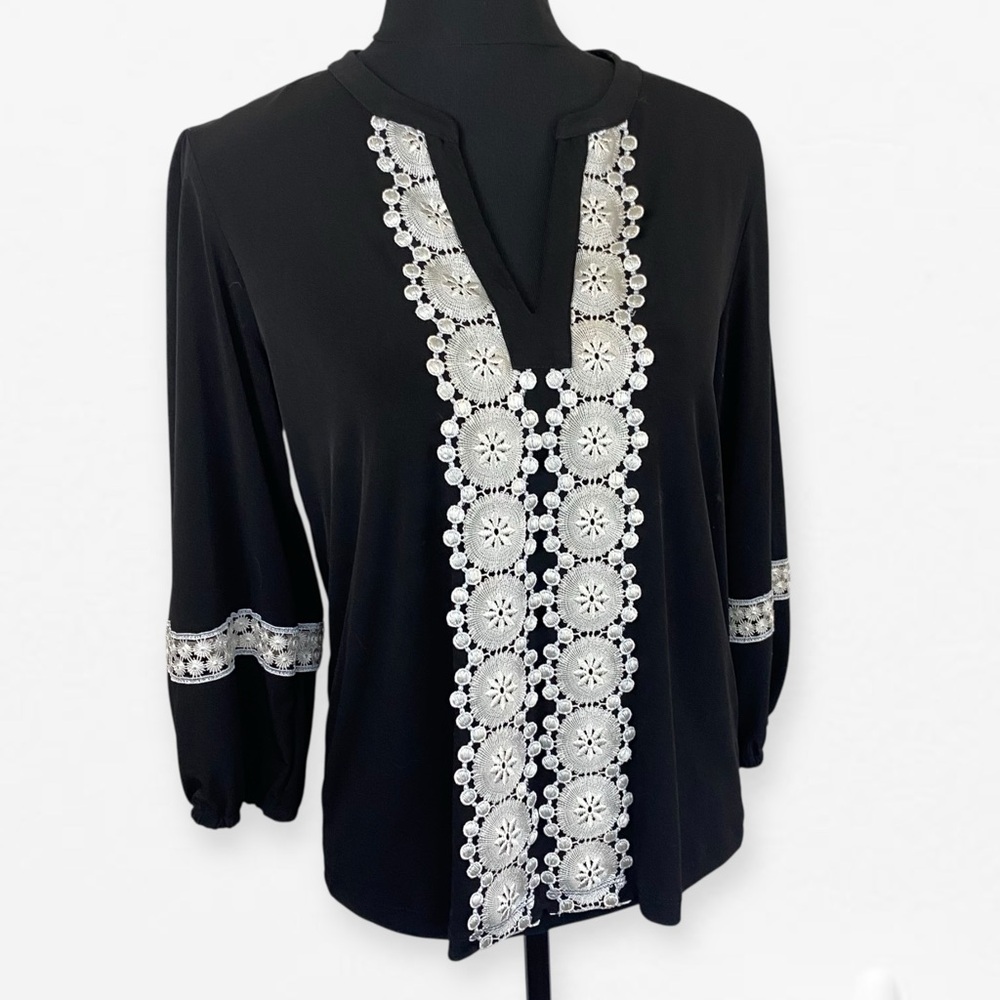 Karl Lagerfeld Black Crochet Lace Embellished Mandarin Collar Blouse Top S